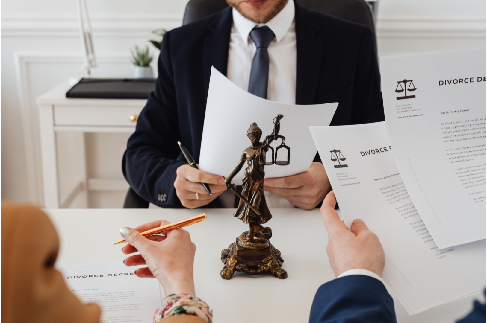 Three people sit at a desk with divorce documents, a pen, and a Lady Justice statue in the center, suggesting discussions about legal strategies or inherited property in a California divorce.